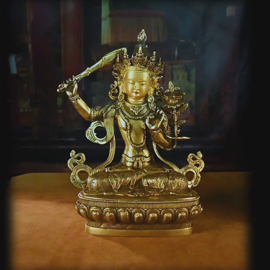 19th Century Manjusri Bodhisattva Tibet Antique Buddha Statue Yellow Lima gilt bronze Sera Monastery