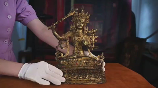 18th Century Manjushri Tibetan Antique Buddha Statue Bronze Gilt From Ganden Monastery