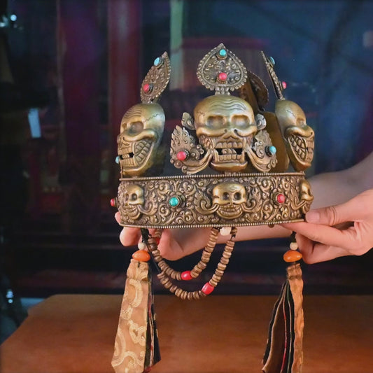 Qing Dynasty  Sita Vana's Dharma Protector Hat Yellow Lima Copper Inlaid With Coral and Turquoise Sakya Monastery