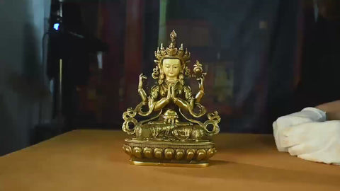 19th Century Four-armed Sadaksari Avalokitesvara Old Bronze Gilt Antigue Buddha Statue From Mindrolling Monastery