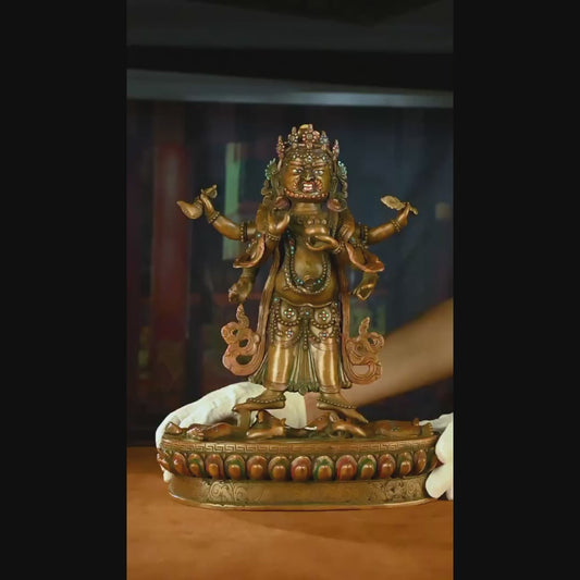 18th Century Six-armed Mahakala Tibetan Antique Buddha Statue Lima Copper Inlaid  With Gems From Shalu Monastery