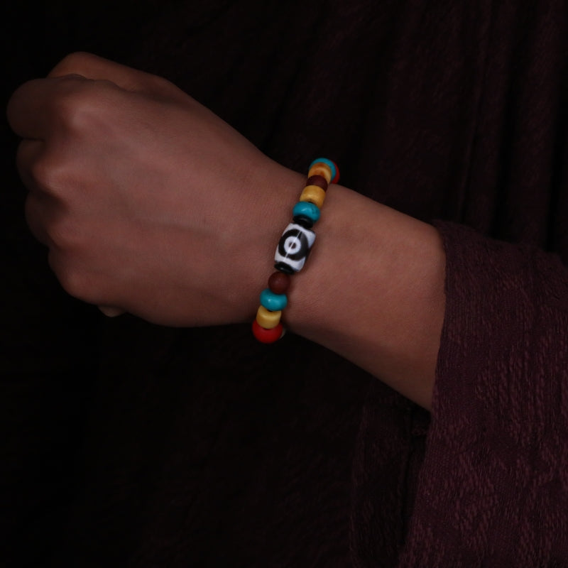Tibetan Beaded Yak Bone & Three-Eyed Dzi Bead Bracelet puretibetan