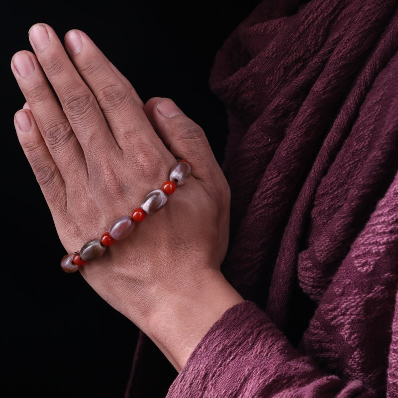 Tibetan Red Cracked Pattern Tiger-Teeth Dzi Beads Bracelet puretibetan